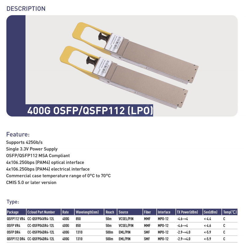 400G QSFP112 SR4 Transceiver światłowodowy wielofunkcyjny 100m Połączenie międzyprzewodowe dla centrów danych i połączeń międzyprzewodowych